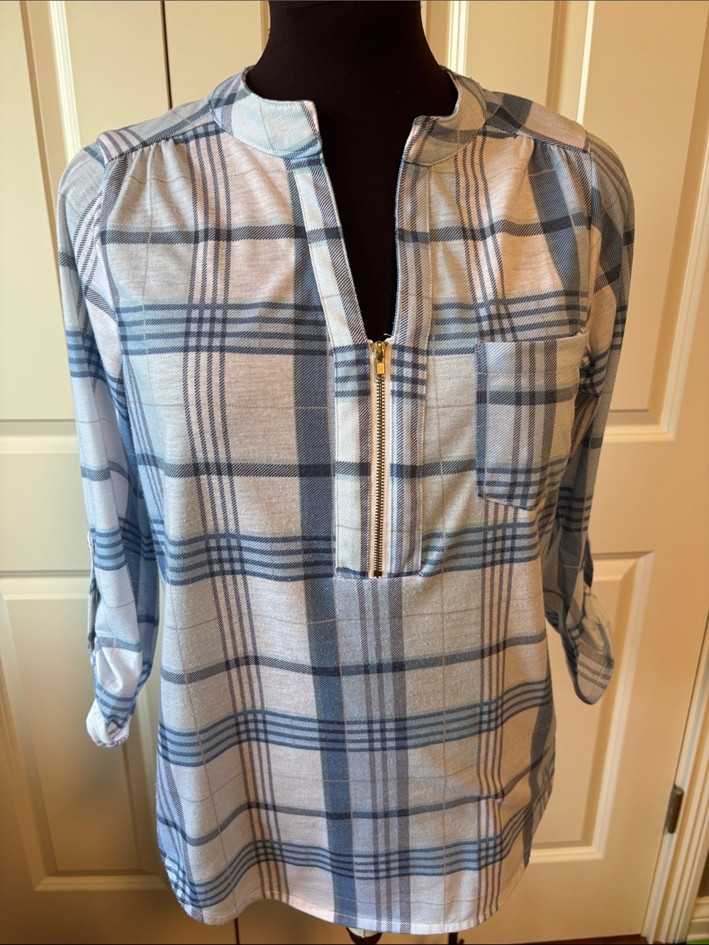 Light Blue Plaid Zip-Front Women’s Shirt